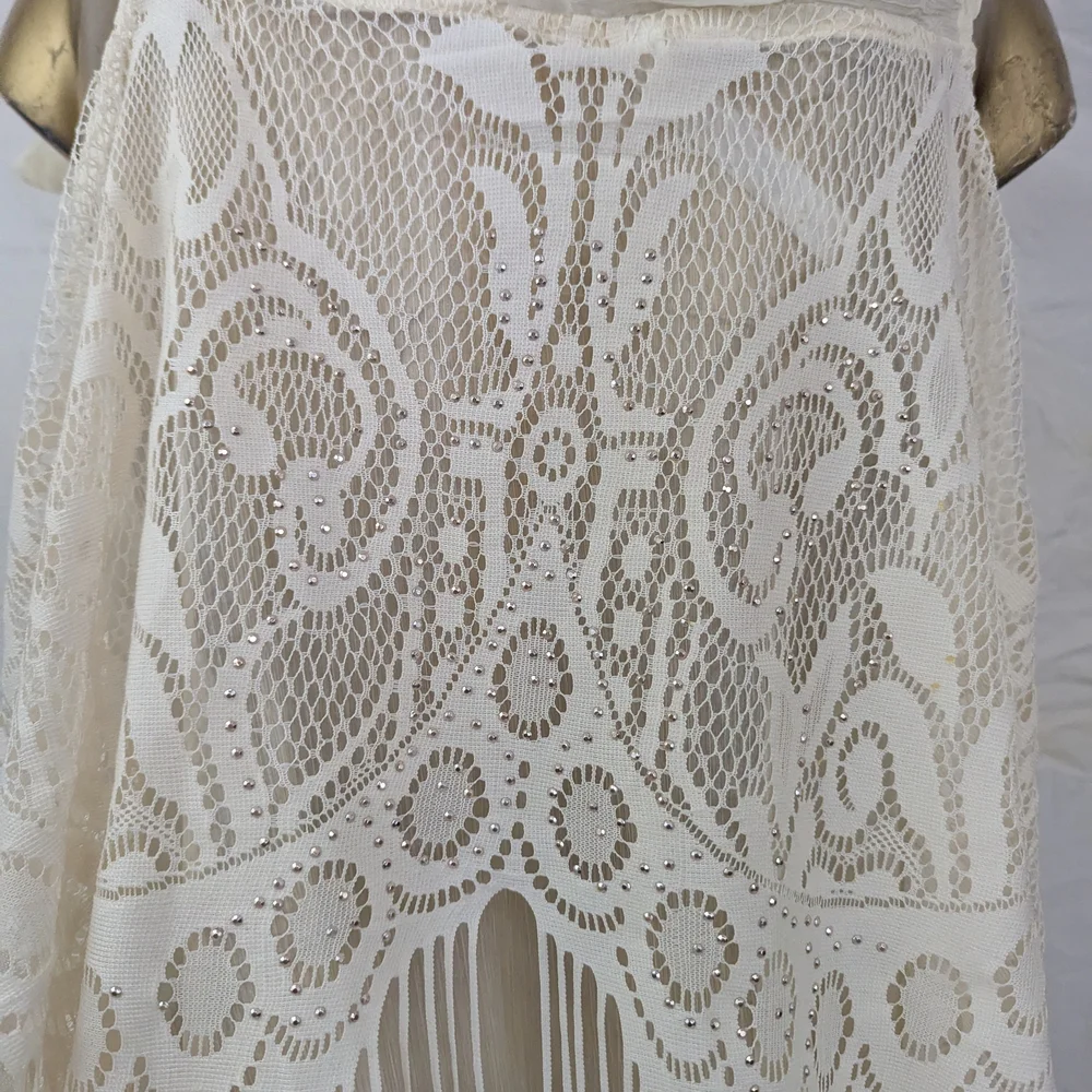 Pretty Angel Elegant Cream Sheer Duster Scarf w/Lace, Fringe & Bling Features OS